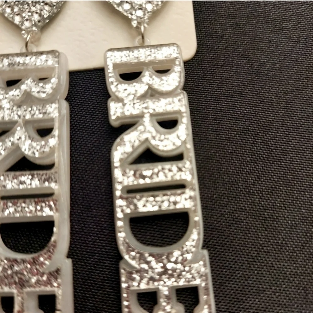 NEW "BRIDE" Silver Glitter Acrylic 3in Long Dangle Earrings - Picture 4 of 5